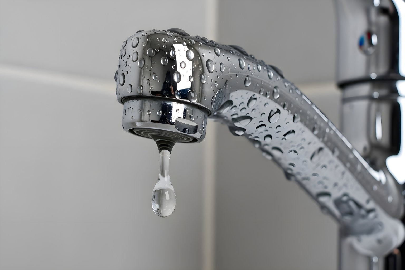 Leaky faucet dripping water from spout in bathroom sink