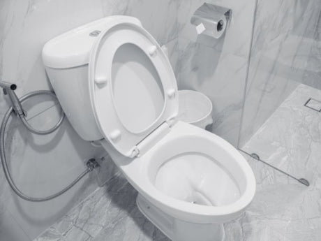  Close up open toilet seat with bidet spray in marble tiled bathroom interior