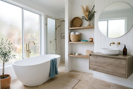 Coastal bathroom with white freestanding bath, timber vanity, brass taps and open shelving