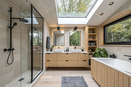 Compact modern bathroom with wooden vanity, wall-hung toilet, and glass shower partition