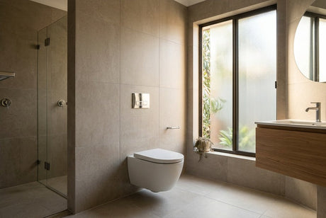 Wall-hung toilet with concealed cistern flush plate, glass shower and timber vanity
