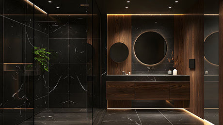 Contemporary dark marble bathroom with warm LED accent lighting under floating wooden vanity, backlit circular mirrors, and ambient ceiling glow showcasing a layered lighting scheme
