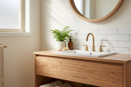 Timber bathroom vanity with brass taps, round wooden mirror and green ferns