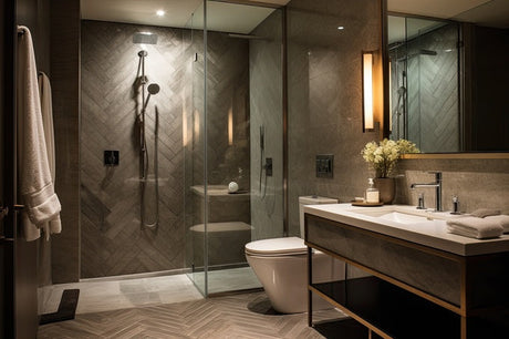 Luxury ensuite with herringbone grey tiles, glass shower, and gold-trimmed vanity