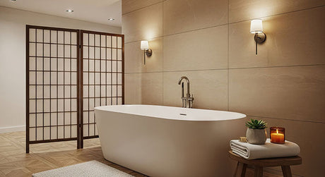 White freestanding bath against warm beige feature wall tiles with wall sconces