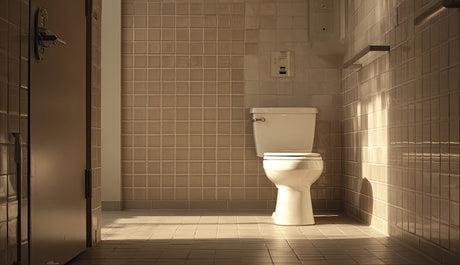 White flush toilet in tiled public bathroom stall bathed in warm light