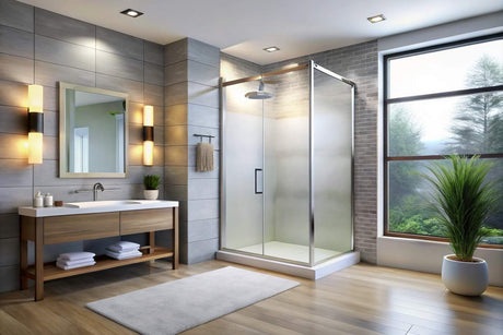 Framed glass shower screen enclosure in modern grey tiled bathroom