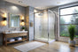 Framed glass shower screen enclosure in modern grey tiled bathroom