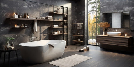 Luxury bathroom with white oval freestanding bath, dark marble walls and timber vanity
