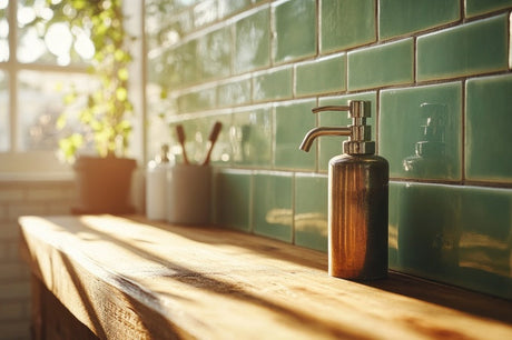 Bronze soap dispenser on timber vanity bench against green subway tiles