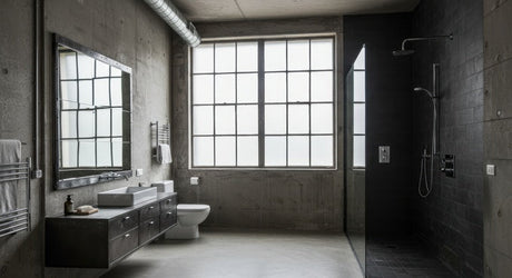 Industrial grey bathroom with concrete walls, black tiles, and rain shower