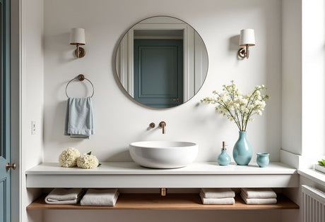 White floating vanity with vessel basin, round mirror and pale blue ceramic vases