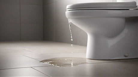 Water leaking from white toilet base pooling on bathroom floor tiles