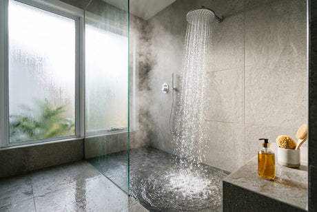 Steamy walk-in shower with round chrome rain head flowing over grey stone tiles