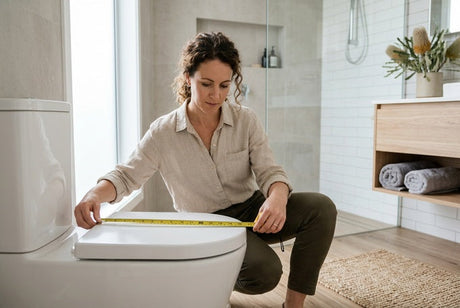 Woman measuring white toilet seat with yellow tape measure in modern bathroom