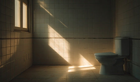 Sunlit white-tiled bathroom with ceramic toilet and frosted window