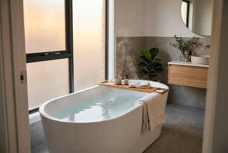 White freestanding bath filled with steaming water beside frosted window