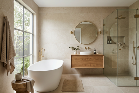 Modern bathroom with white freestanding bath, timber vanity, brass tapware and glass shower