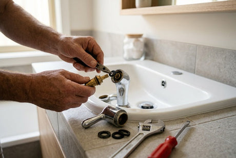 Smiling woman holding a chrome tap and rubber washer over bathroom basin