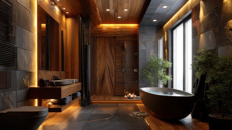 Luxury bathroom with dark oval freestanding bath, timber panelling and stone tiles