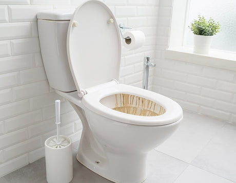 White toilet bowl with brown limescale stains, lid open, in bright tiled bathroom