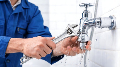 Plumber in blue overalls using adjustable spanner on leaking chrome shower tap