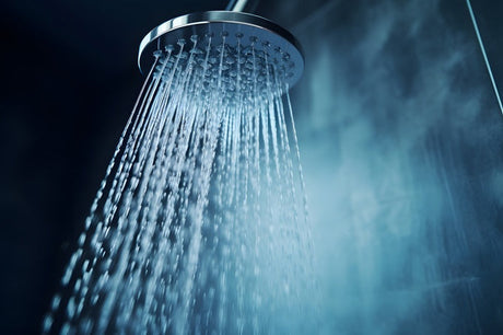 Chrome round shower head spraying strong water jets in dim bathroom