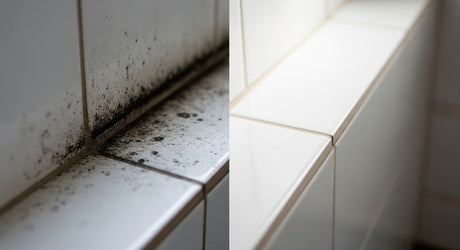 Before and after comparison of black mould on white bathroom tiles, then clean