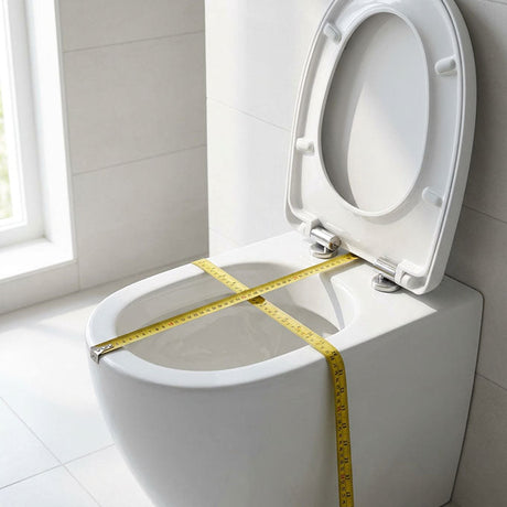 White wall-hung toilet with yellow folding ruler measuring seat width and depth
