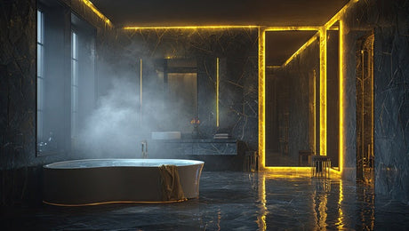 Luxury dark marble bathroom with steaming freestanding bath and golden LED lighting