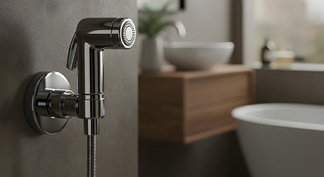 Chrome bidet spray tap mounted on grey wall in modern bathroom