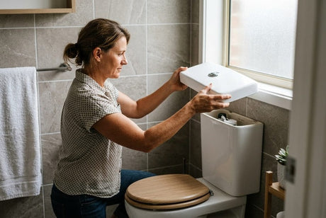 Woman lifting white ceramic toilet cistern lid in grey-tiled bathroom