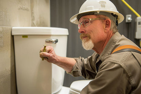 Tradesman in hard hat and safety glasses adjusting a brass toilet cistern valve
