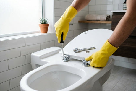 Gloved hands using screwdriver to remove toilet seat bolts with spanner nearby