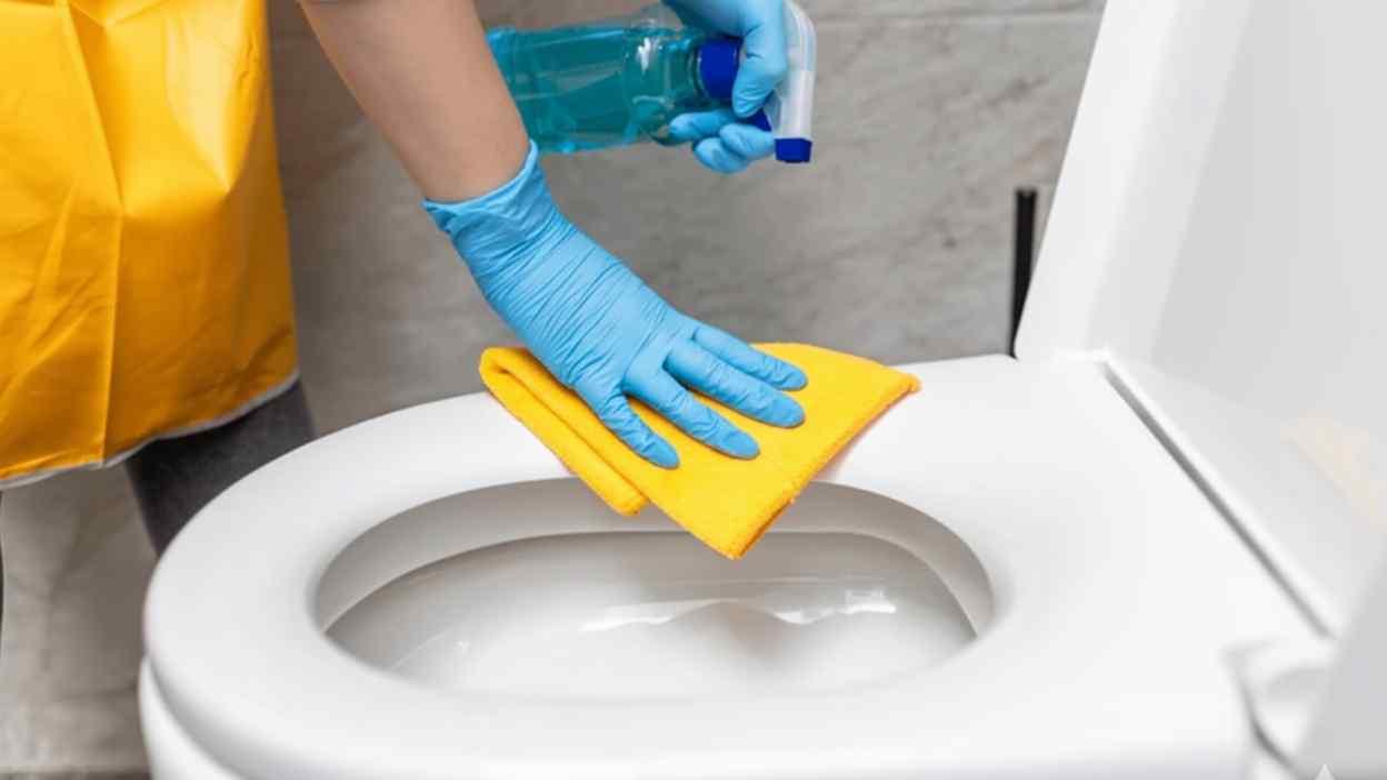 Cleaning a toilet seat with disinfectant