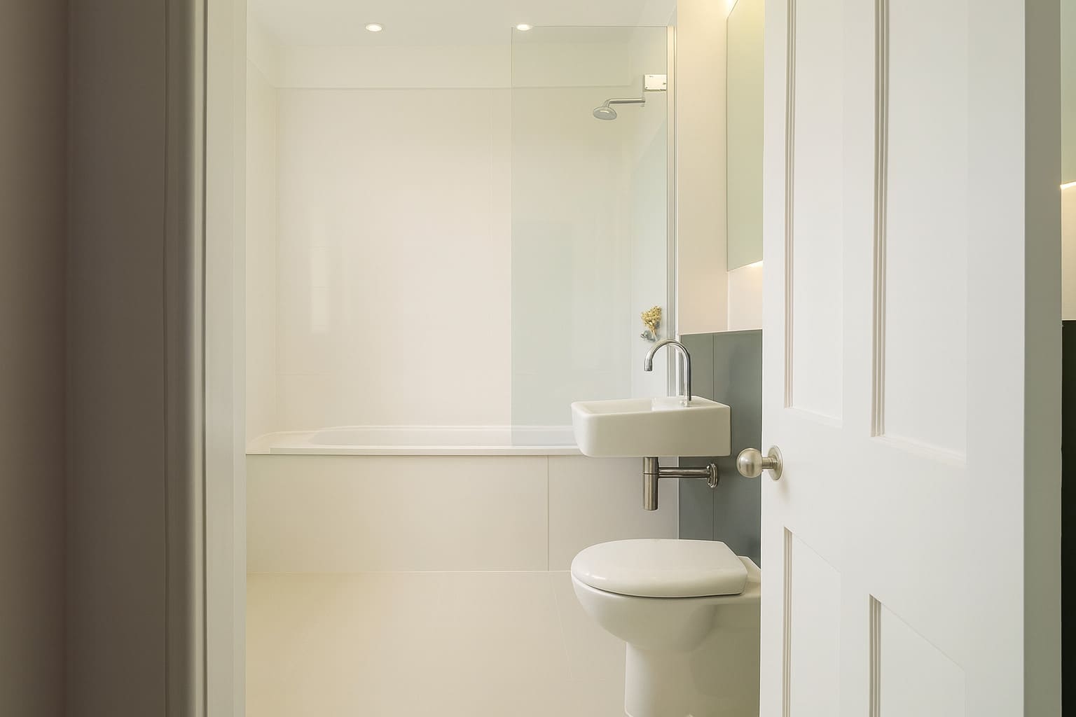 A bathroom with a bathtub, wall-mounted sink, and toilet viewed through an open door.