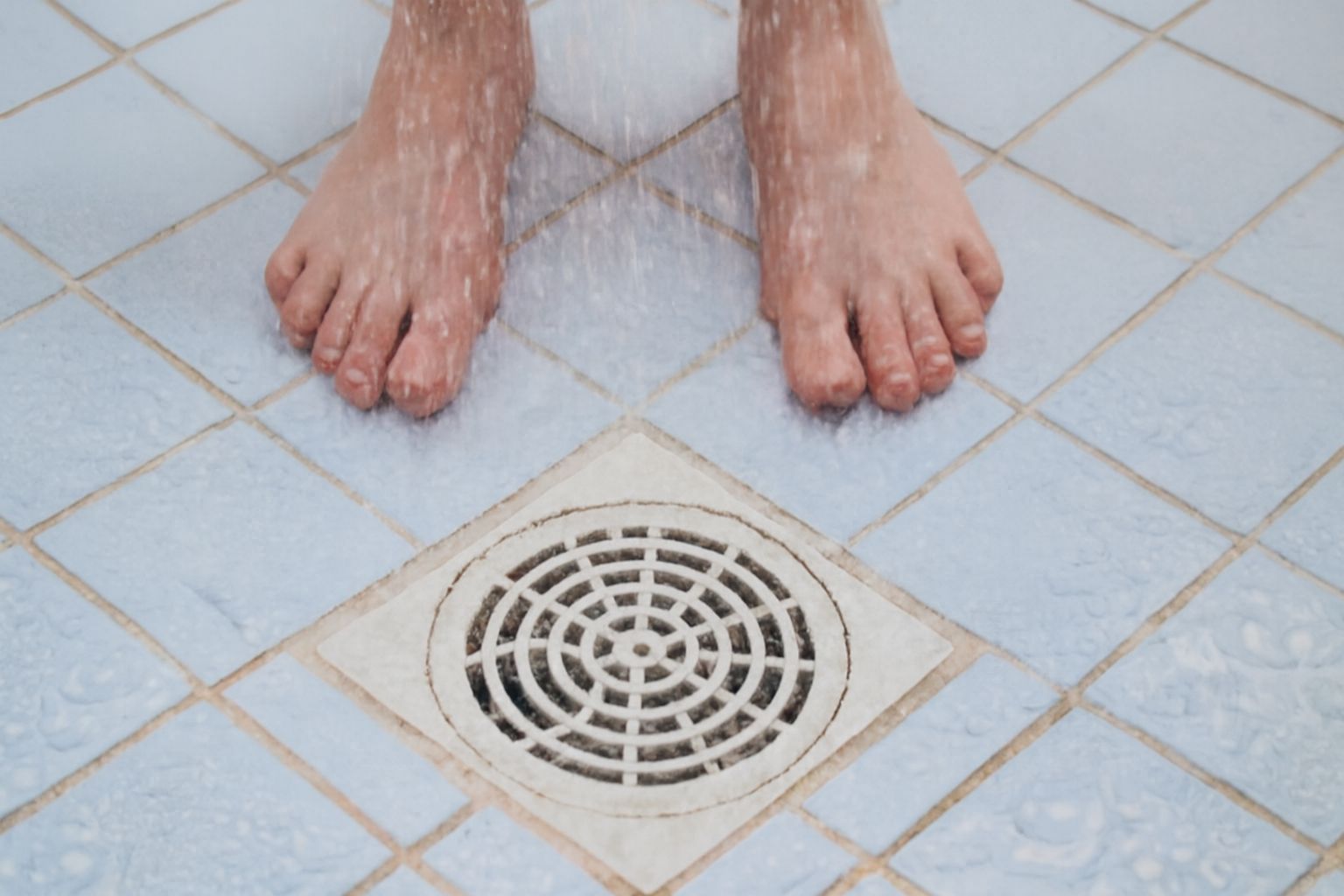 Water flowing toward shower drain on tiled floor