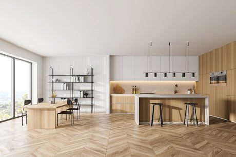 Hybrid flooring in herringbone pattern in modern minimalist kitchen interior