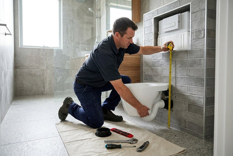 Plumber measuring wall-hung toilet's P trap pipe with tape measure and tools nearby