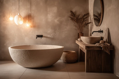 Warm earth tone bathroom with stone tub, wood vanity, vessel sink, and pendant lights.