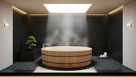 Steaming wooden ofuro soaking tub in a modern Japanese-inspired bathroom with dark stone floor and bonsai accent