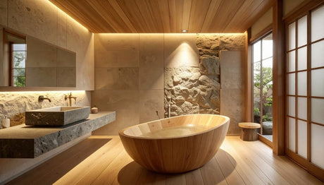 Japanese bathroom with oval timber soaking tub, stone basin, and shoji screens
