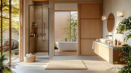 Japanese spa bathroom with wood vanity, freestanding tub, walk-in shower, and plants