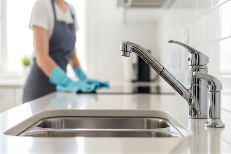 Stainless steel kitchen sink with faucet installed in modern countertop.