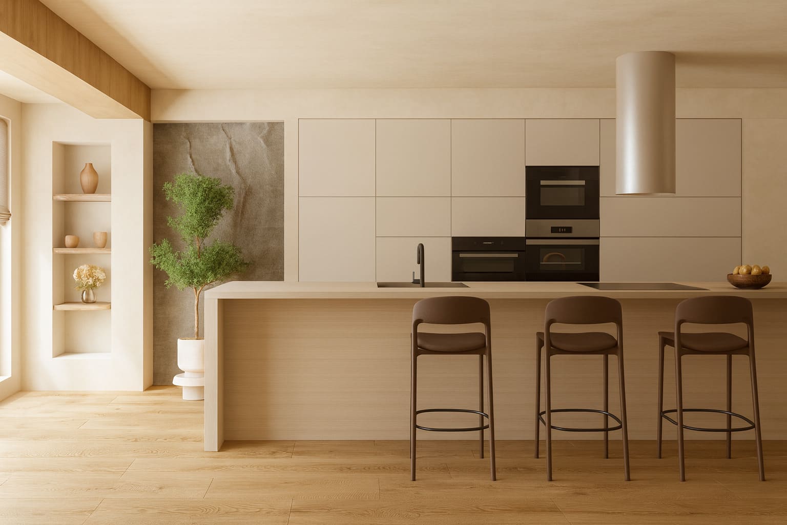A minimalist modern kitchen with a light wood island, built-in cabinetry, and three bar stools in a warm neutral palette.
