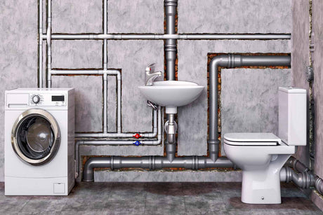 Exposed laundry room plumbing pipes with sink, toilet and washing machine connections