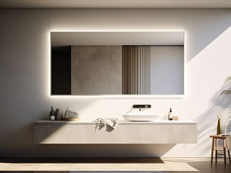 Backlit LED bathroom mirror above floating vanity with vessel sink in modern minimalist bathroom.