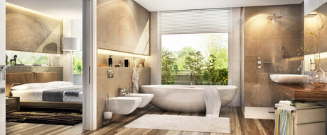 Luxury bathroom with freestanding tub, glass shower, wood vanity, and adjoining bedroom