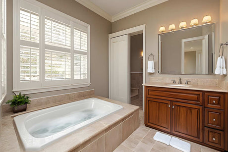 Luxury bathroom with built-in soaking tub, wood vanity, large mirror, and window shutters.
