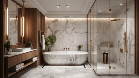 Luxury ensuite bathroom with marble walls, freestanding bathtub, and lush green plants